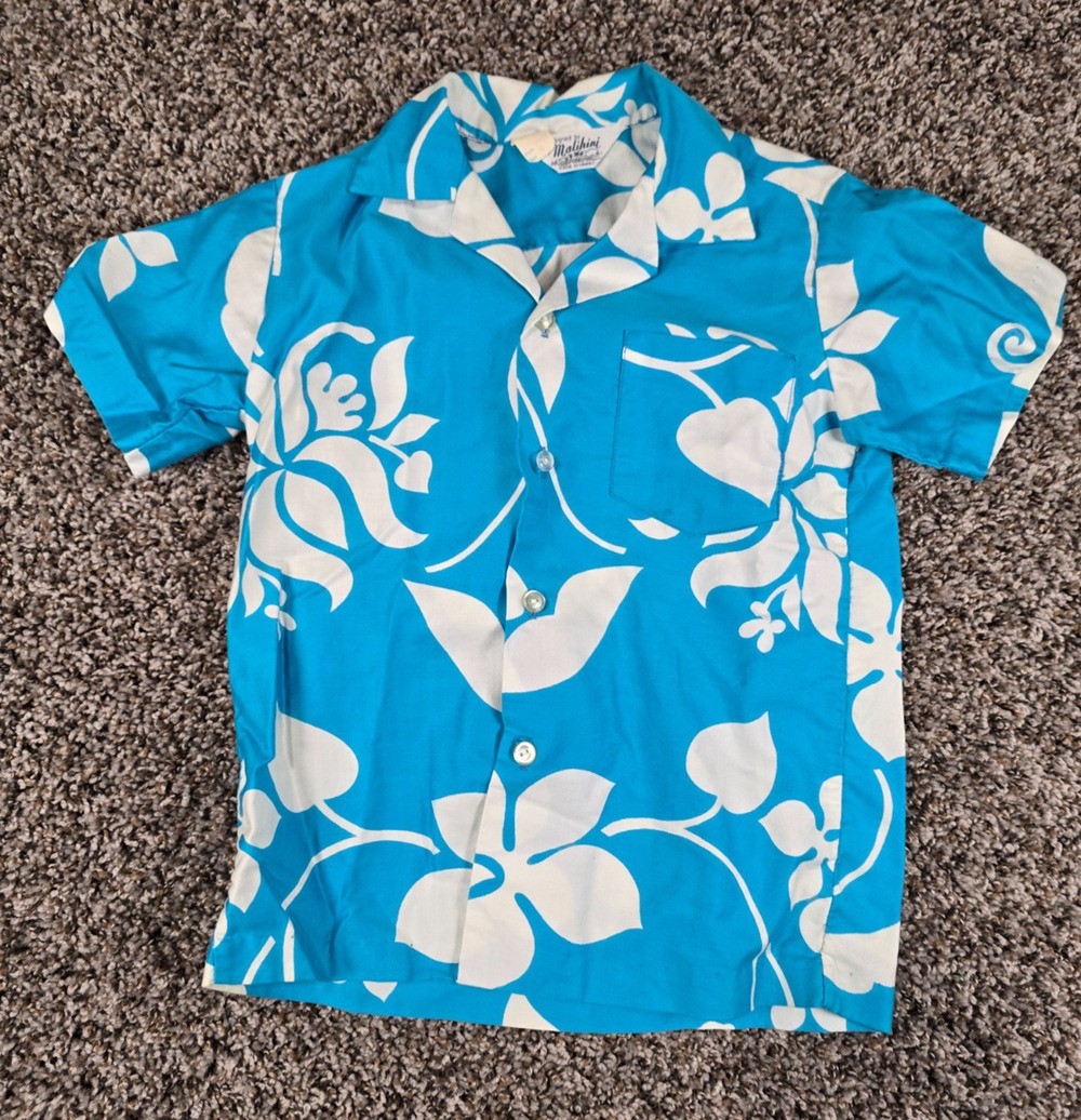 Vintage Malihini Hawaii Boys Sz 8 Button Up Hawaiian Shirt Blue White Floral